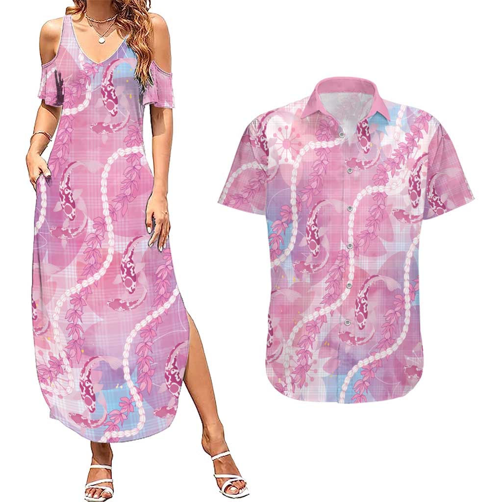 Japanese Koi Fish Couples Matching Summer Maxi Dress and Hawaiian Shirt Pink Wagara Palaka Honohono Pikake Lei LT9 Pink - Polynesian Pride