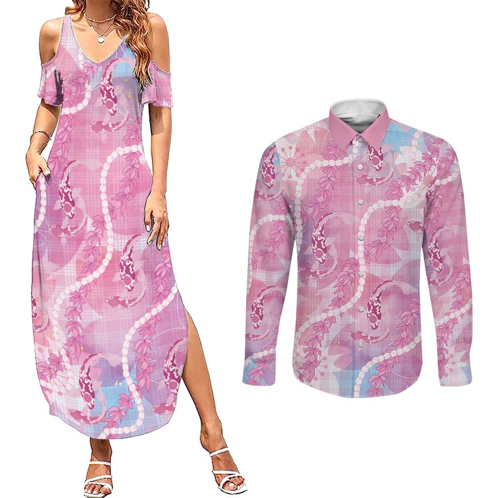 Japanese Koi Fish Couples Matching Summer Maxi Dress and Long Sleeve Button Shirt Pink Wagara Palaka Honohono Pikake Lei LT9 Pink - Polynesian Pride