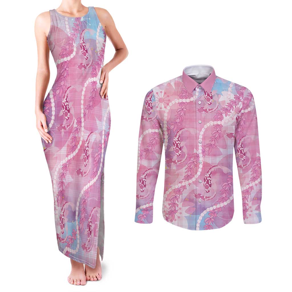 Japanese Koi Fish Couples Matching Tank Maxi Dress and Long Sleeve Button Shirt Pink Wagara Palaka Honohono Pikake Lei