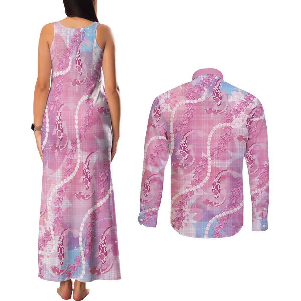 Japanese Koi Fish Couples Matching Tank Maxi Dress and Long Sleeve Button Shirt Pink Wagara Palaka Honohono Pikake Lei LT9 - Polynesian Pride