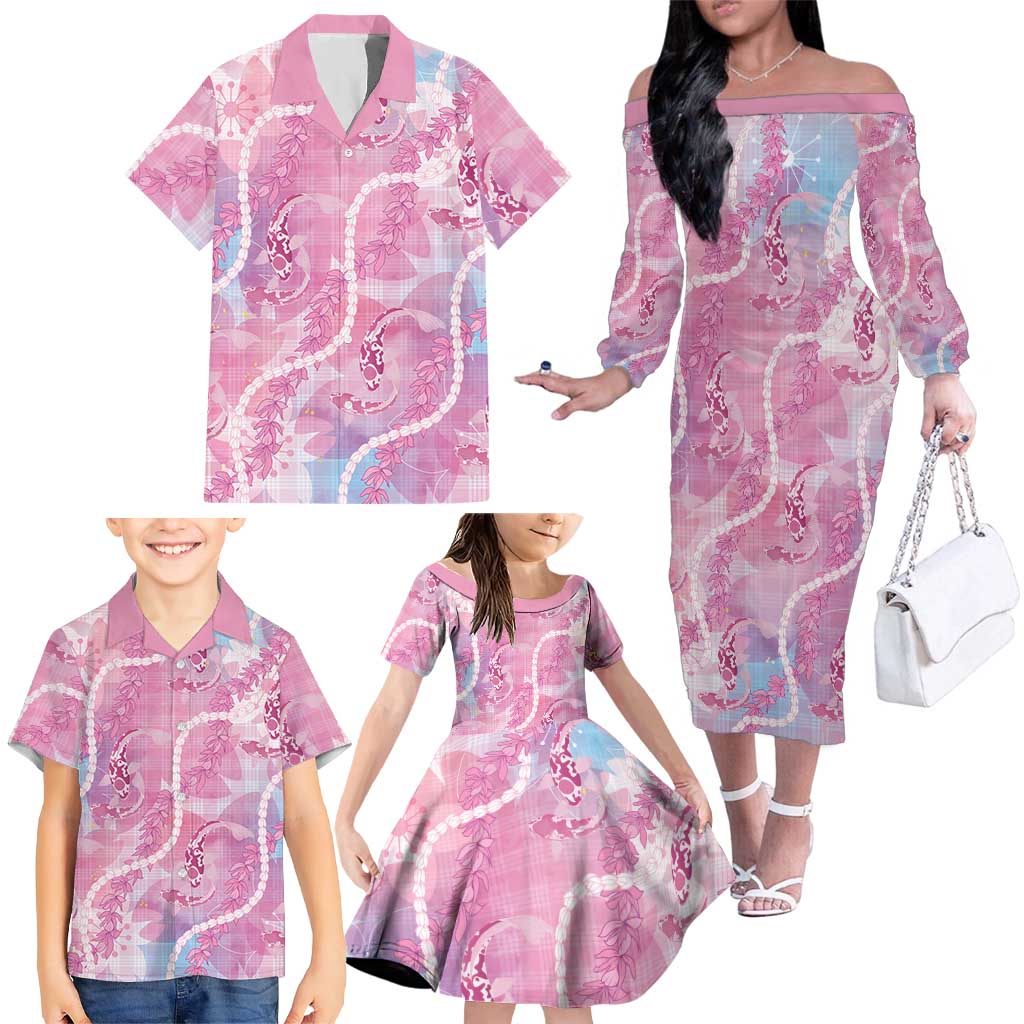 Japanese Koi Fish Family Matching Off The Shoulder Long Sleeve Dress and Hawaiian Shirt Pink Wagara Palaka Honohono Pikake Lei LT9 - Polynesian Pride