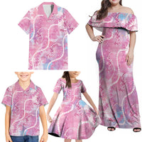 Japanese Koi Fish Family Matching Off Shoulder Maxi Dress and Hawaiian Shirt Pink Wagara Palaka Honohono Pikake Lei LT9 - Polynesian Pride