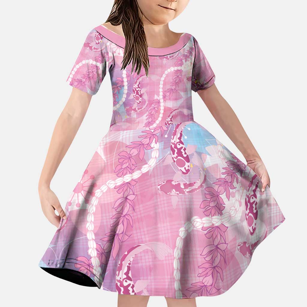 Japanese Koi Fish Family Matching Off Shoulder Short Dress and Hawaiian Shirt Pink Wagara Palaka Honohono Pikake Lei LT9 Daughter's Dress Pink - Polynesian Pride