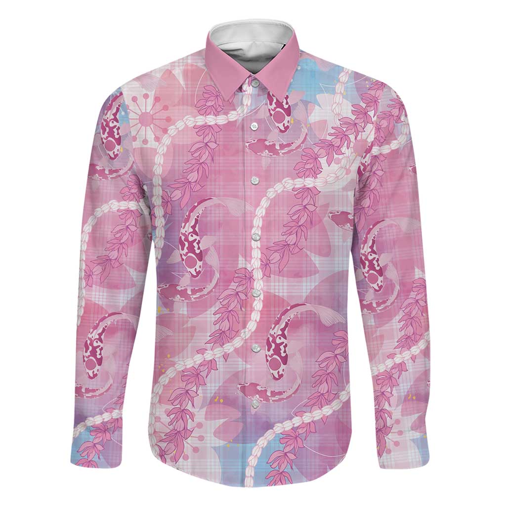 Japanese Koi Fish Family Matching Tank Maxi Dress and Hawaiian Shirt Pink Wagara Palaka Honohono Pikake Lei LT9 Dad's Shirt - Long Sleeve Pink - Polynesian Pride