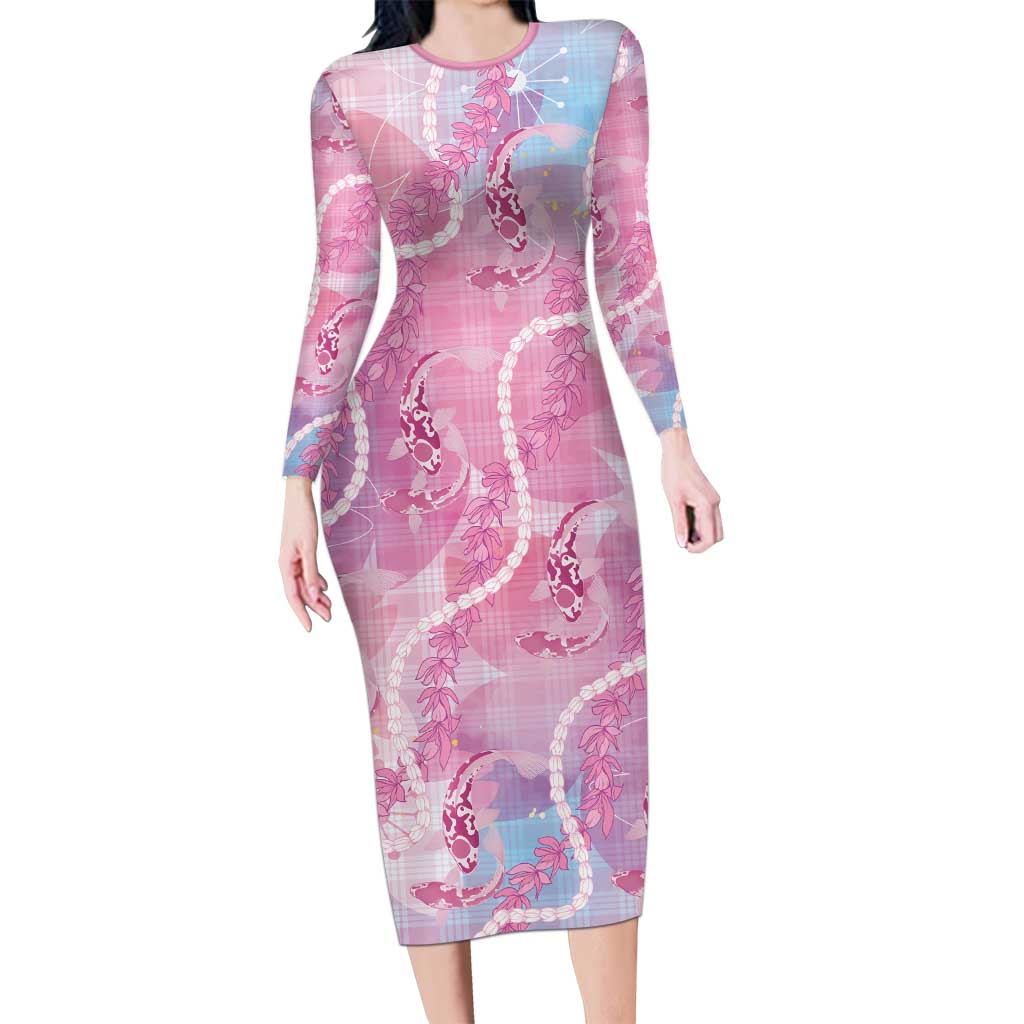 Japanese Koi Fish Long Sleeve Bodycon Dress Pink Wagara Palaka Honohono Pikake Lei