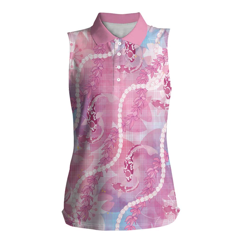 Japanese Koi Fish Women Sleeveless Polo Shirt Pink Wagara Palaka Honohono Pikake Lei LT9 Female Pink - Polynesian Pride