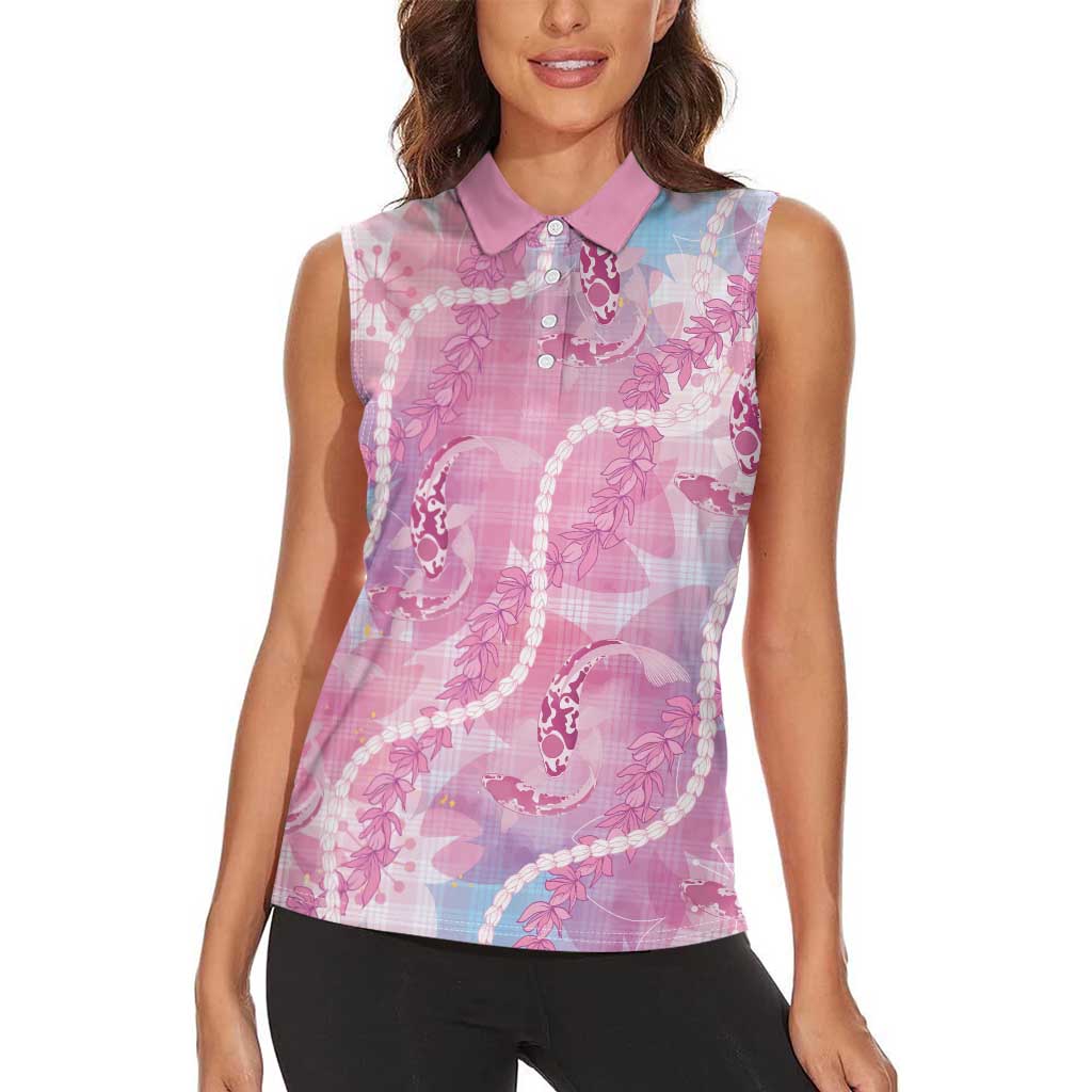 Japanese Koi Fish Women Sleeveless Polo Shirt Pink Wagara Palaka Honohono Pikake Lei LT9 - Polynesian Pride