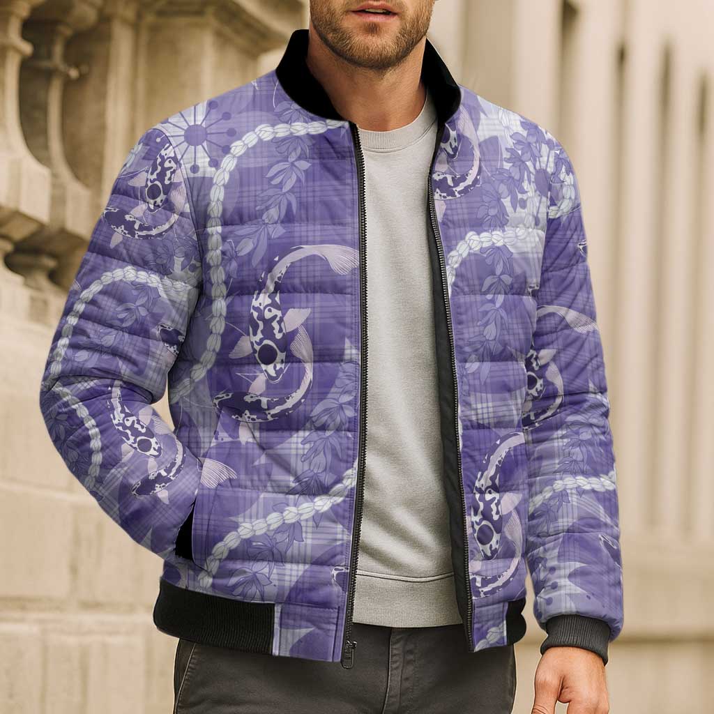 Japanese Koi Fish Bomber Puffer Jacket Purple Wagara Palaka Honohono Pikake Lei