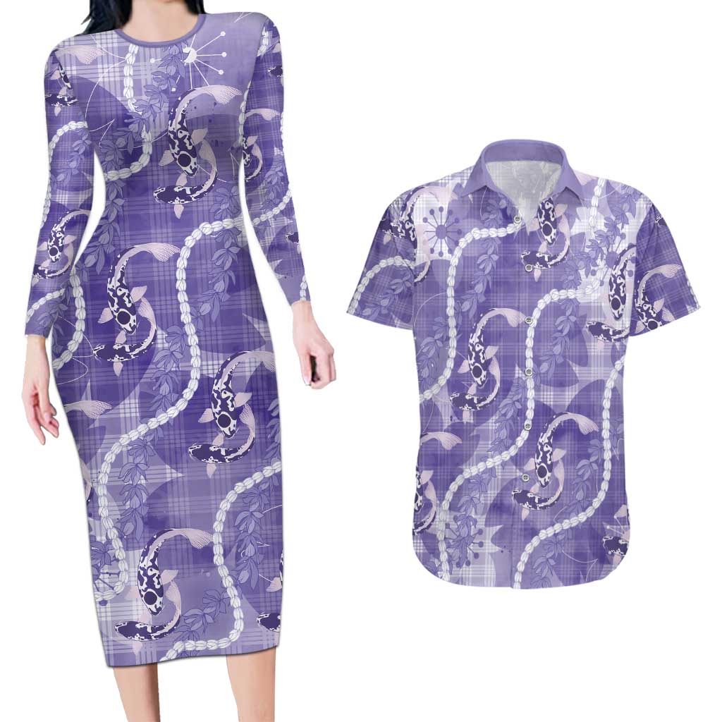 Japanese Koi Fish Couples Matching Long Sleeve Bodycon Dress and Hawaiian Shirt Purple Wagara Palaka Honohono Pikake Lei LT9 Purple - Polynesian Pride