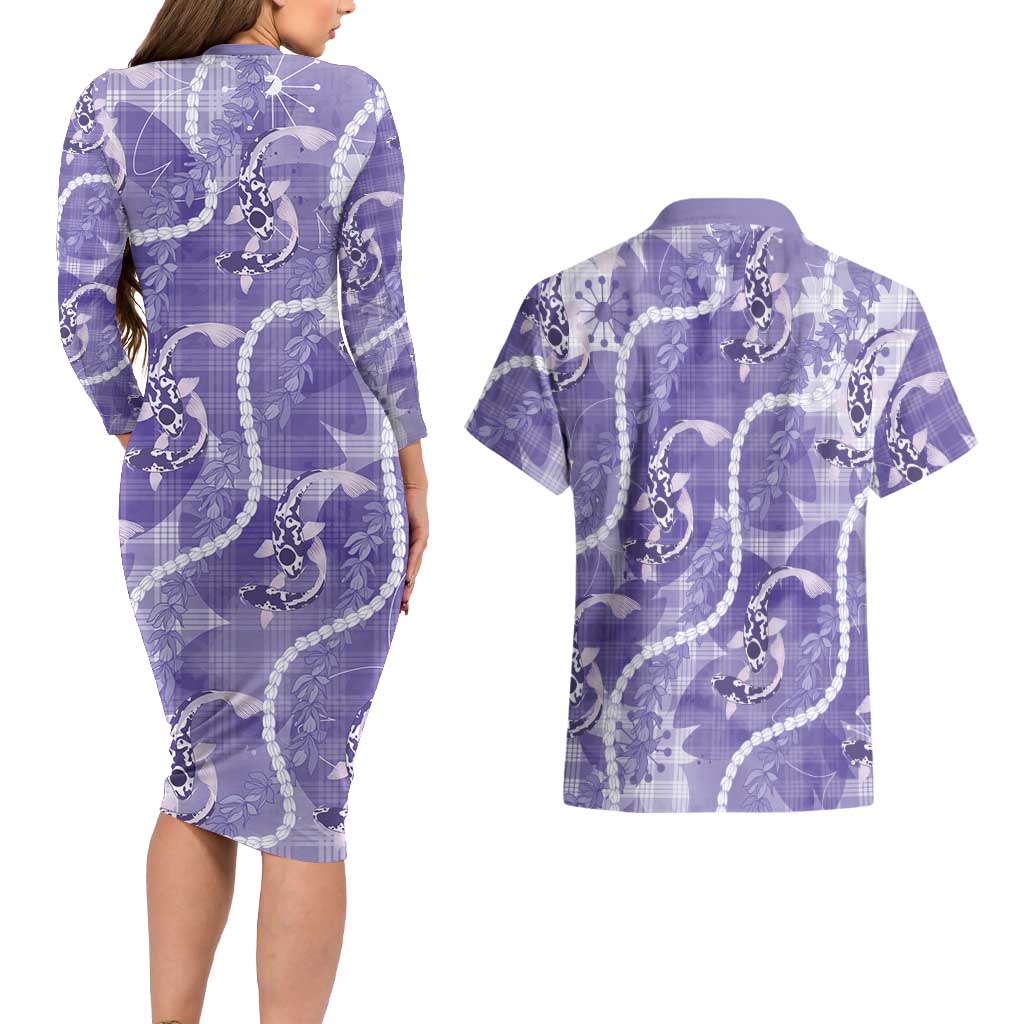 Japanese Koi Fish Couples Matching Long Sleeve Bodycon Dress and Hawaiian Shirt Purple Wagara Palaka Honohono Pikake Lei LT9 - Polynesian Pride