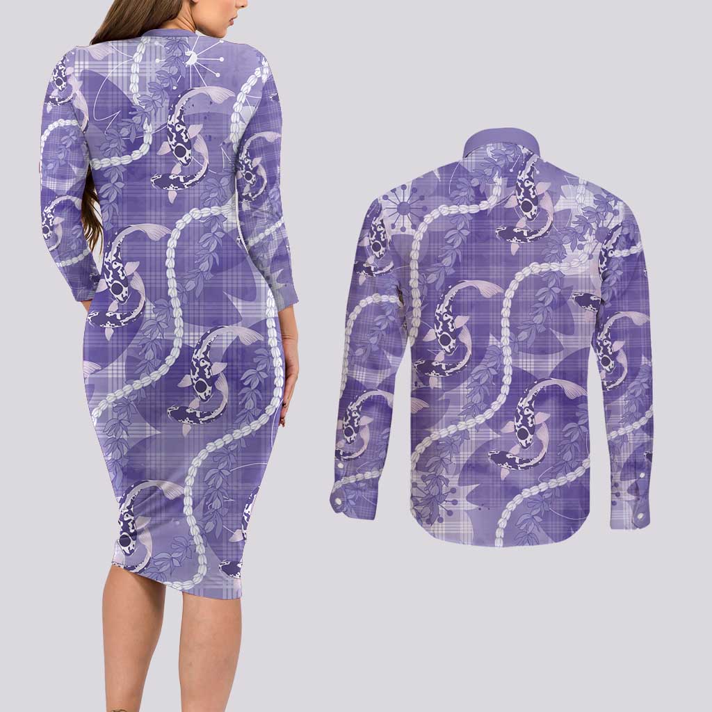 Japanese Koi Fish Couples Matching Long Sleeve Bodycon Dress and Long Sleeve Button Shirt Purple Wagara Palaka Honohono Pikake Lei LT9 - Polynesian Pride