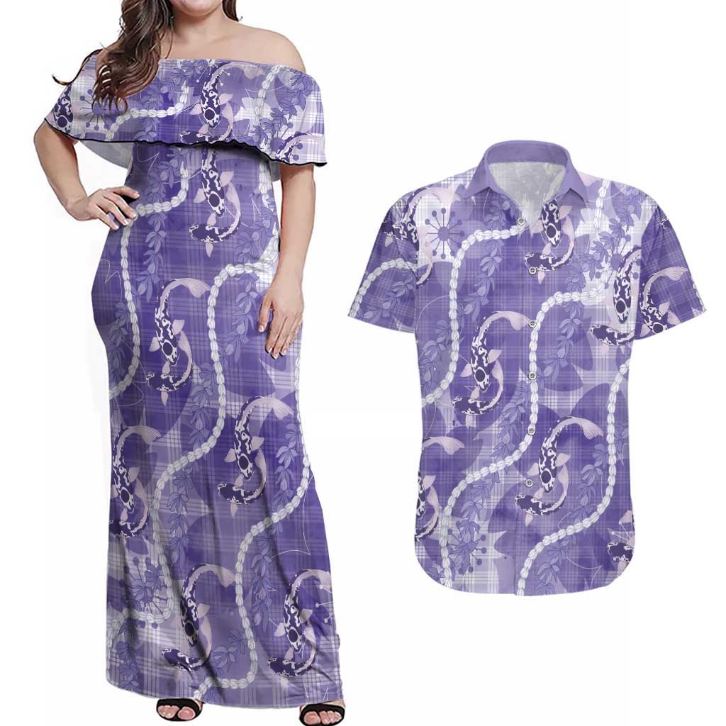 Japanese Koi Fish Couples Matching Off Shoulder Maxi Dress and Hawaiian Shirt Purple Wagara Palaka Honohono Pikake Lei LT9 Purple - Polynesian Pride