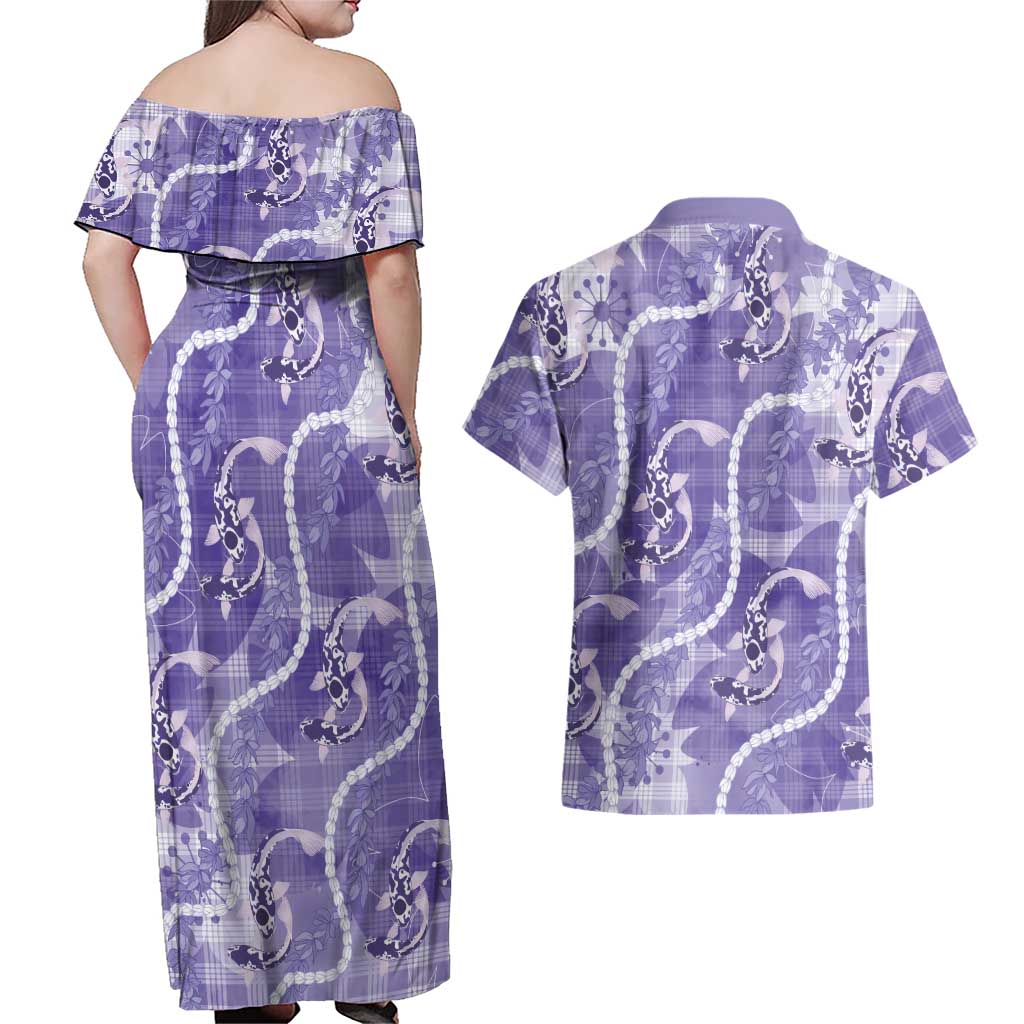 Japanese Koi Fish Couples Matching Off Shoulder Maxi Dress and Hawaiian Shirt Purple Wagara Palaka Honohono Pikake Lei LT9 - Polynesian Pride