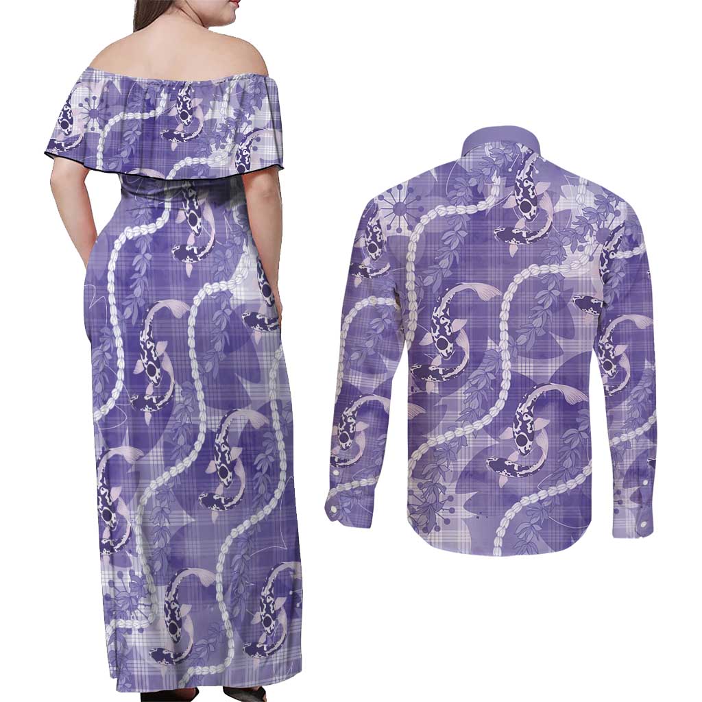 Japanese Koi Fish Couples Matching Off Shoulder Maxi Dress and Long Sleeve Button Shirt Purple Wagara Palaka Honohono Pikake Lei LT9 - Polynesian Pride