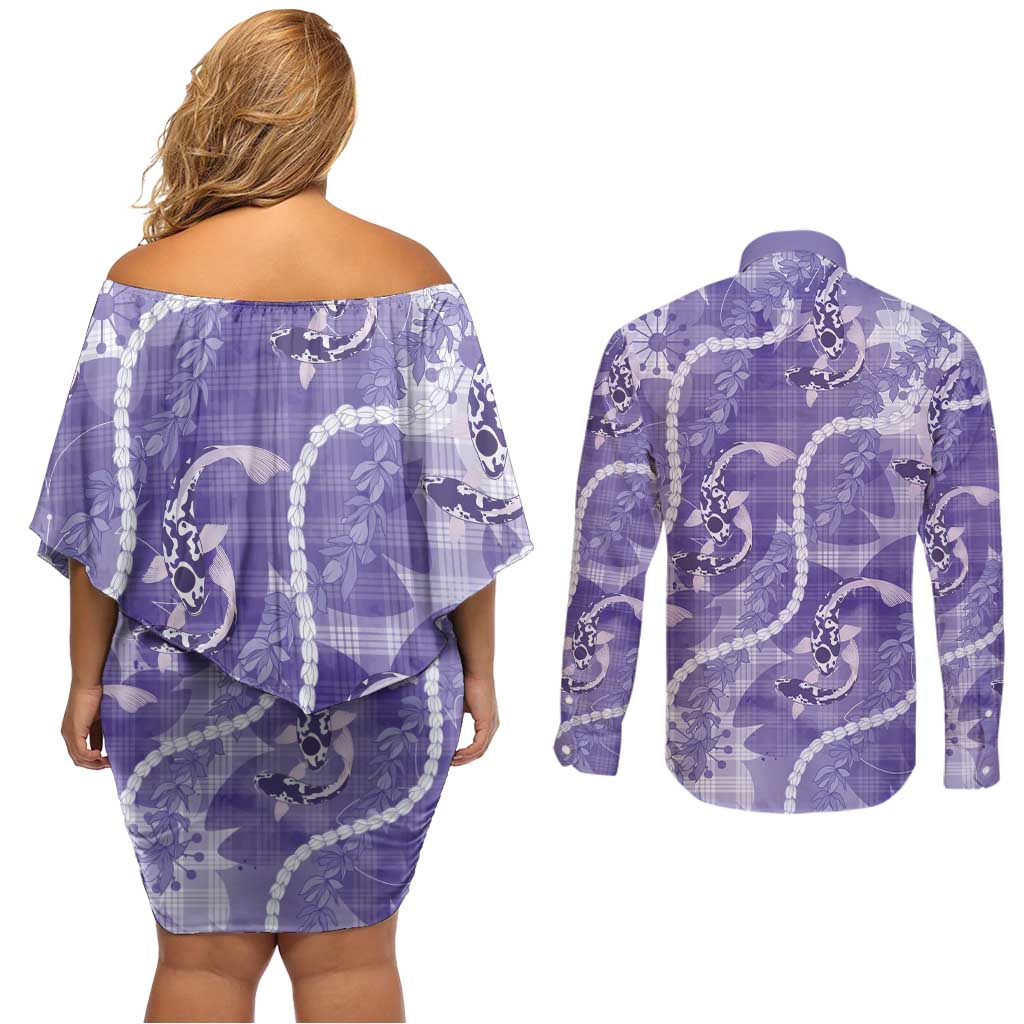 Japanese Koi Fish Couples Matching Off Shoulder Short Dress and Long Sleeve Button Shirt Purple Wagara Palaka Honohono Pikake Lei LT9 - Polynesian Pride