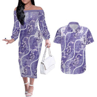Japanese Koi Fish Couples Matching Off The Shoulder Long Sleeve Dress and Hawaiian Shirt Purple Wagara Palaka Honohono Pikake Lei LT9 Purple - Polynesian Pride