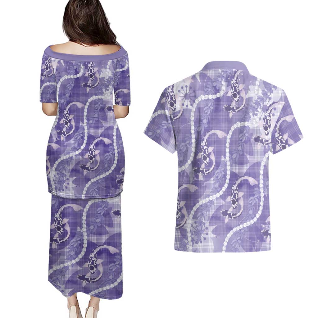 Japanese Koi Fish Couples Matching Puletasi and Hawaiian Shirt Purple Wagara Palaka Honohono Pikake Lei LT9 - Polynesian Pride