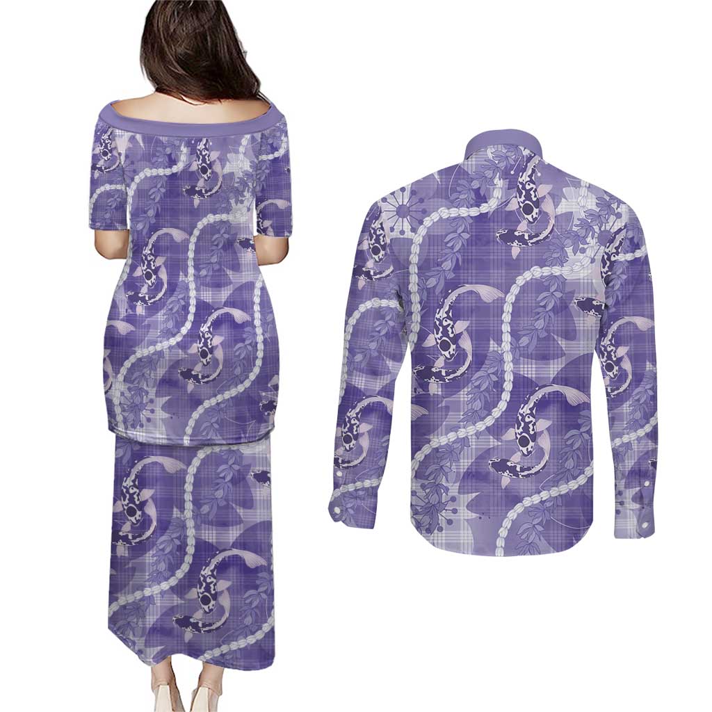 Japanese Koi Fish Couples Matching Puletasi and Long Sleeve Button Shirt Purple Wagara Palaka Honohono Pikake Lei