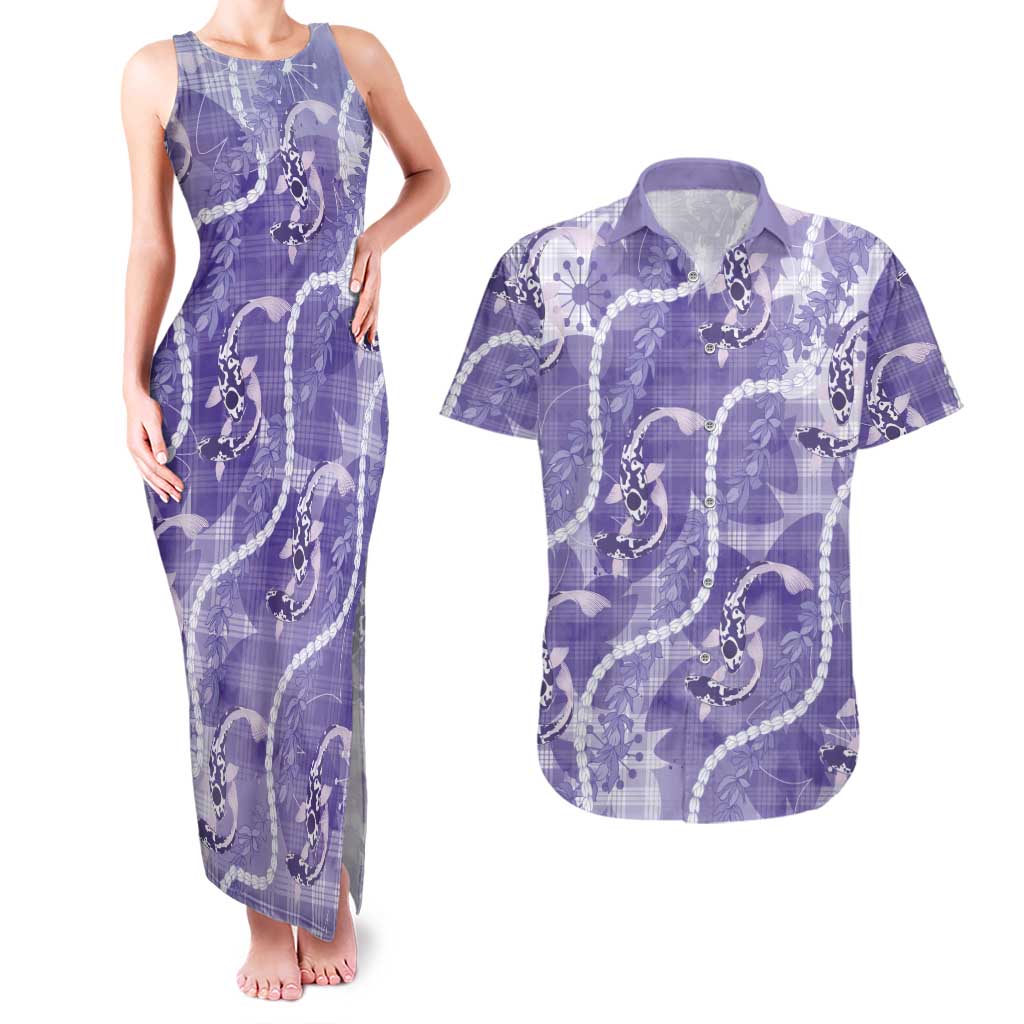 Japanese Koi Fish Couples Matching Tank Maxi Dress and Hawaiian Shirt Purple Wagara Palaka Honohono Pikake Lei LT9 Purple - Polynesian Pride