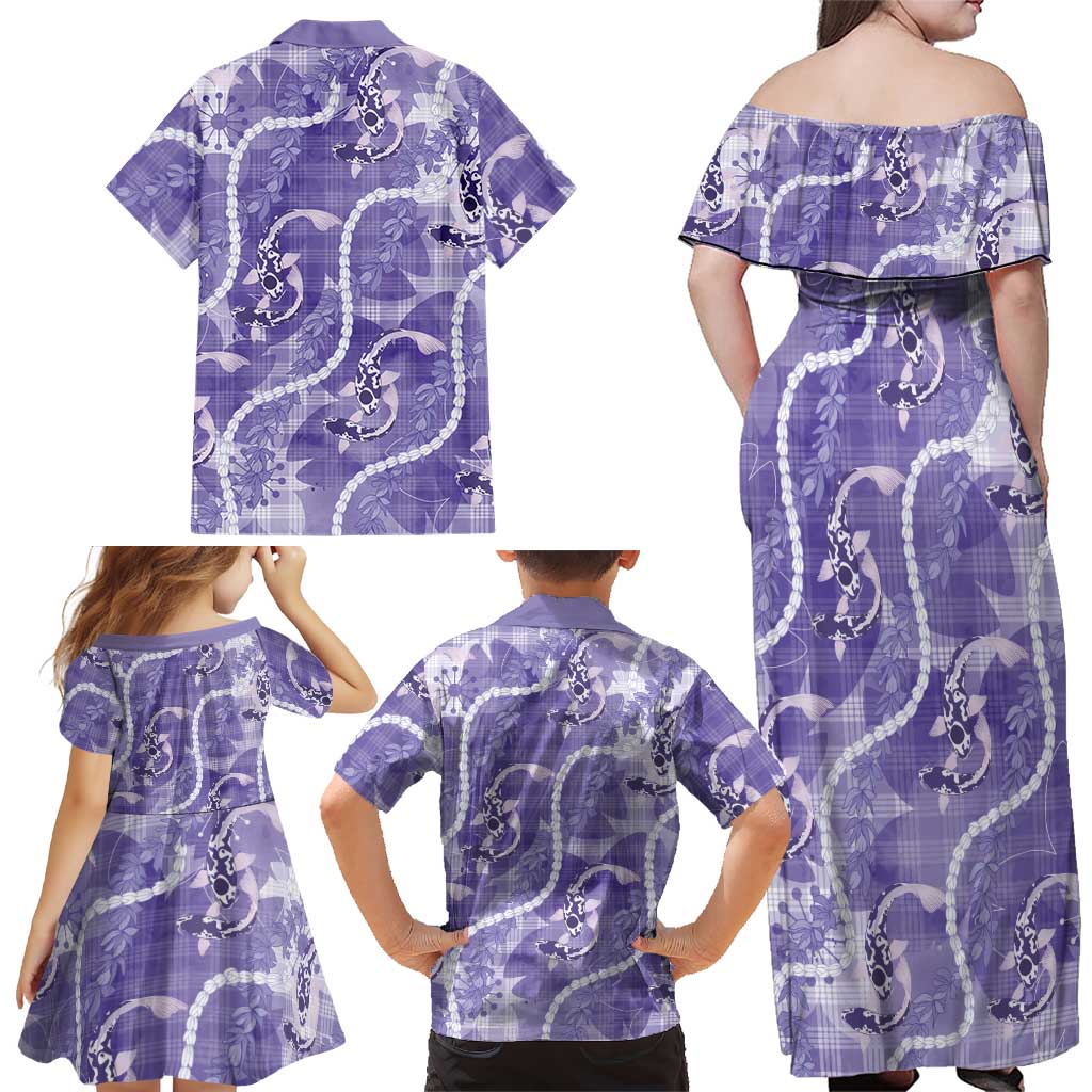 Japanese Koi Fish Family Matching Off Shoulder Maxi Dress and Hawaiian Shirt Purple Wagara Palaka Honohono Pikake Lei LT9 - Polynesian Pride