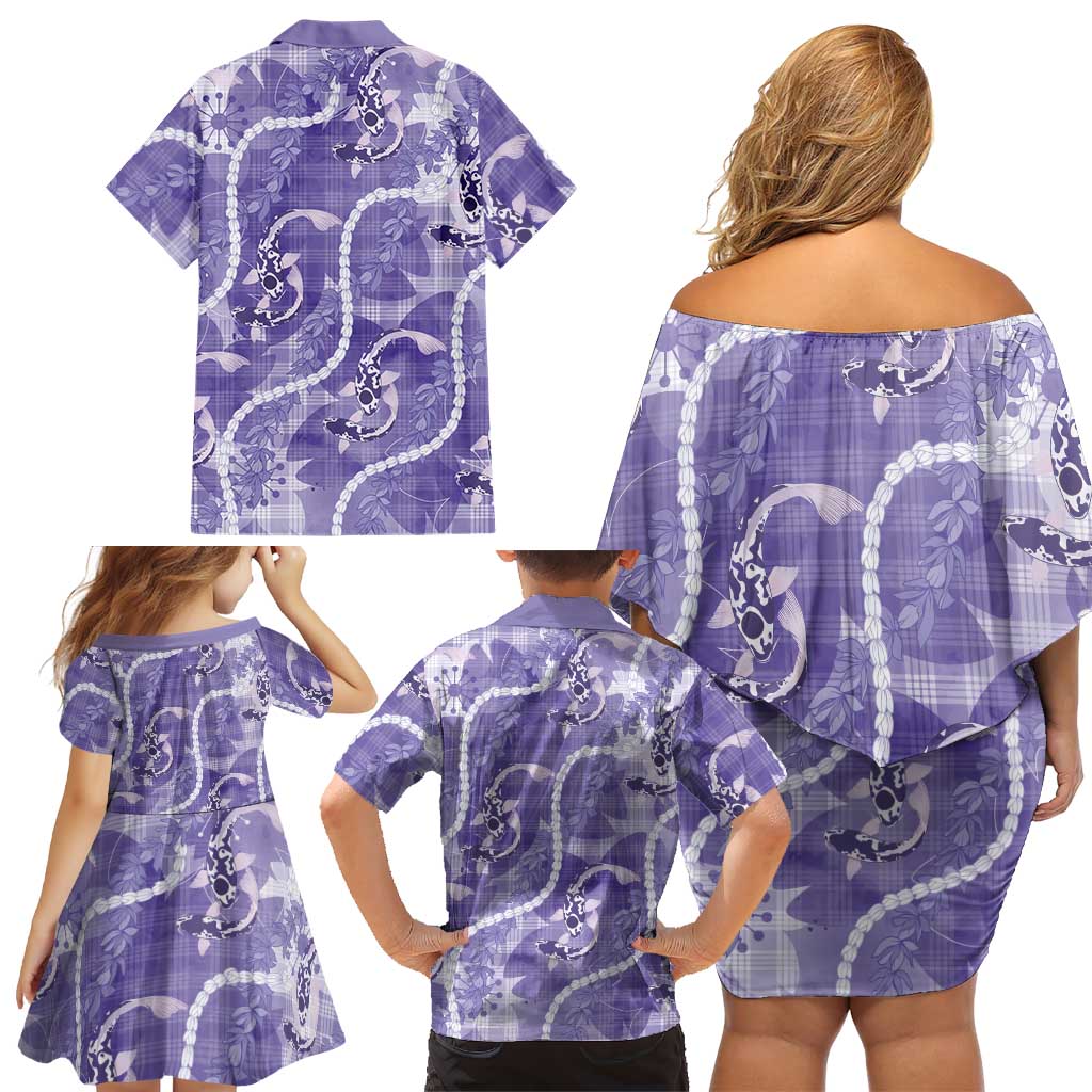 Japanese Koi Fish Family Matching Off Shoulder Short Dress and Hawaiian Shirt Purple Wagara Palaka Honohono Pikake Lei LT9 - Polynesian Pride