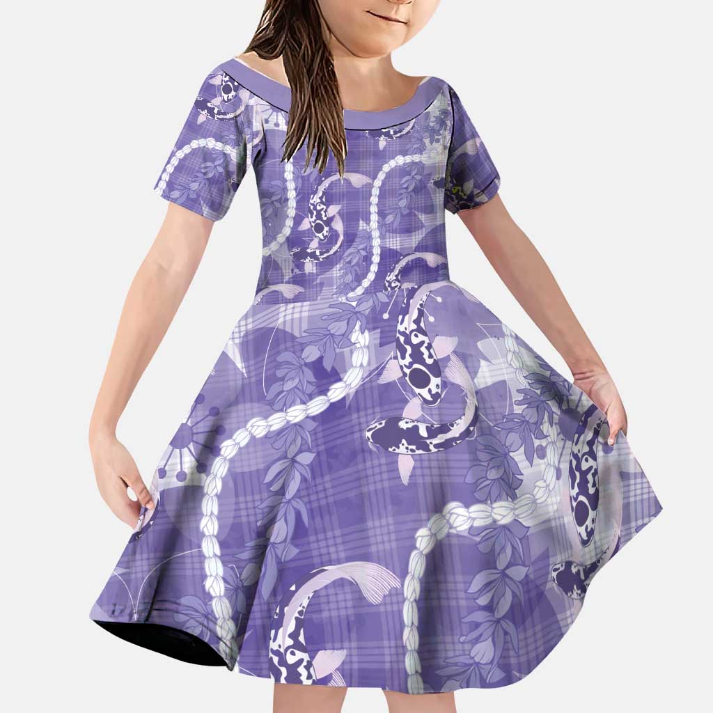 Japanese Koi Fish Family Matching Short Sleeve Bodycon Dress and Hawaiian Shirt Purple Wagara Palaka Honohono Pikake Lei LT9 Daughter's Dress Purple - Polynesian Pride