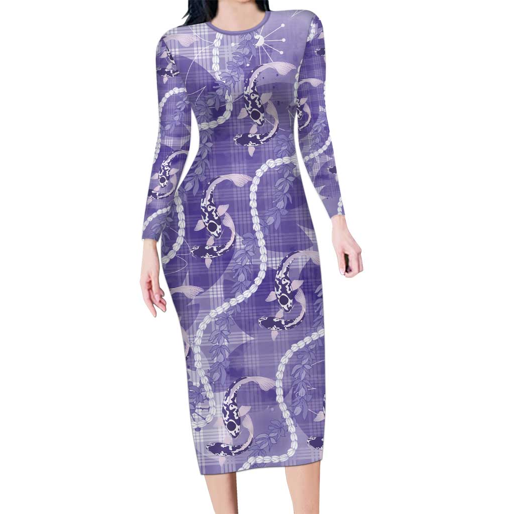 Japanese Koi Fish Long Sleeve Bodycon Dress Purple Wagara Palaka Honohono Pikake Lei LT9 Long Dress Purple - Polynesian Pride