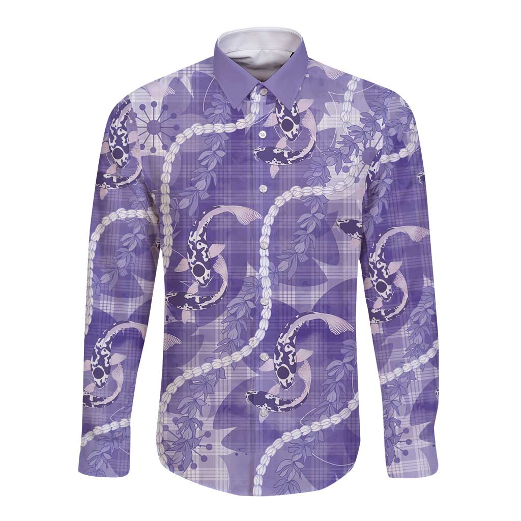 Japanese Koi Fish Long Sleeve Button Shirt Purple Wagara Palaka Honohono Pikake Lei