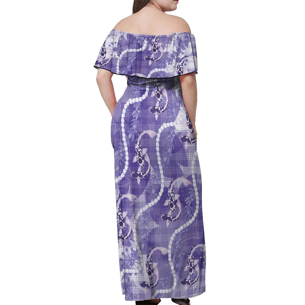 Japanese Koi Fish Off Shoulder Maxi Dress Purple Wagara Palaka Honohono Pikake Lei LT9 - Polynesian Pride