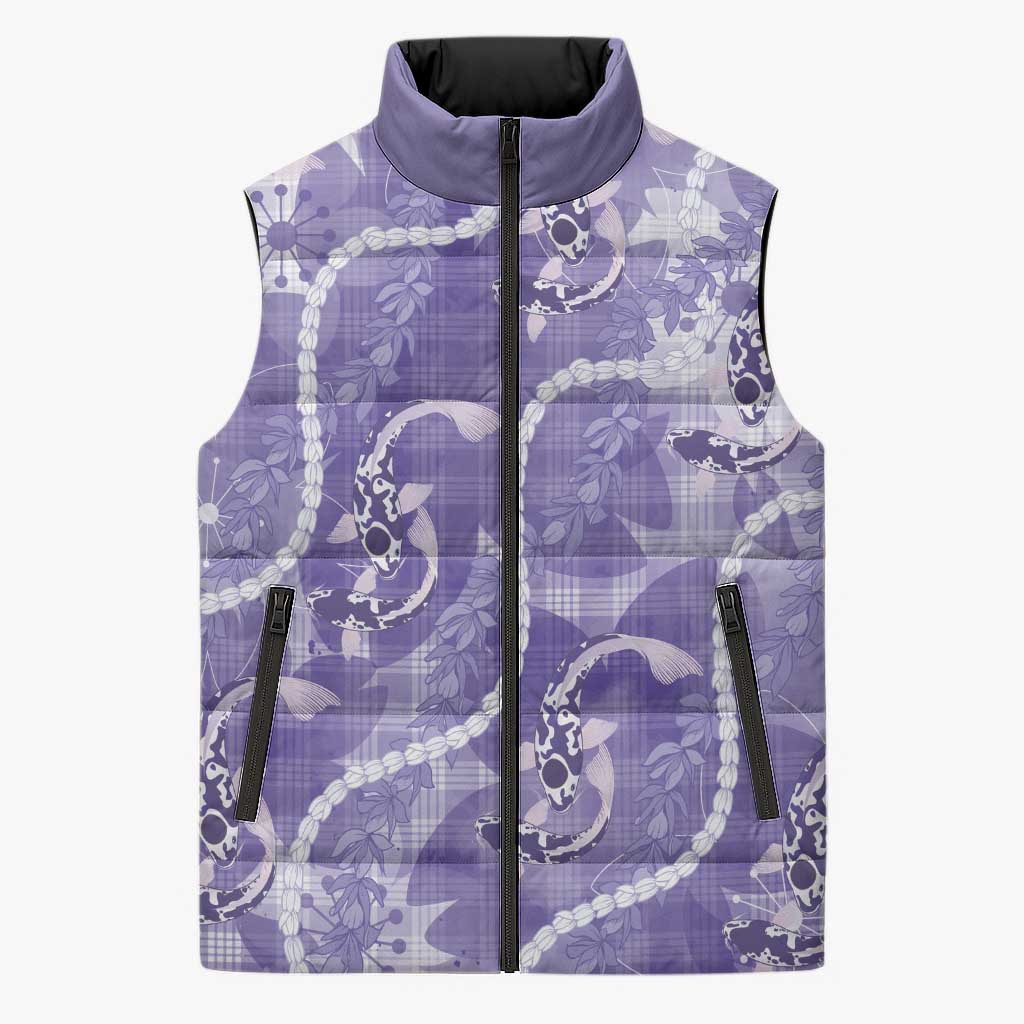 Japanese Koi Fish Sleeveless Puffer Jacket Purple Wagara Palaka Honohono Pikake Lei