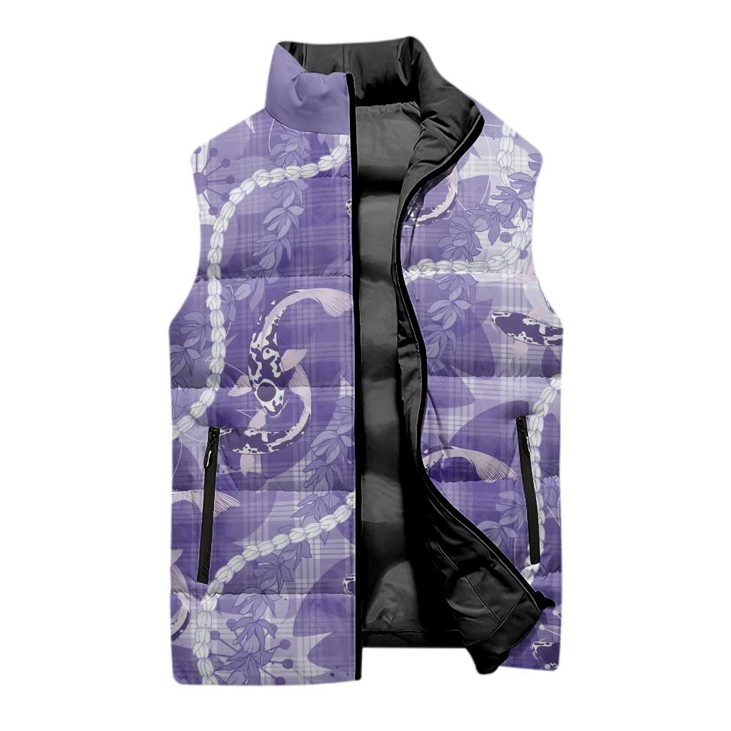 Japanese Koi Fish Sleeveless Puffer Jacket Purple Wagara Palaka Honohono Pikake Lei
