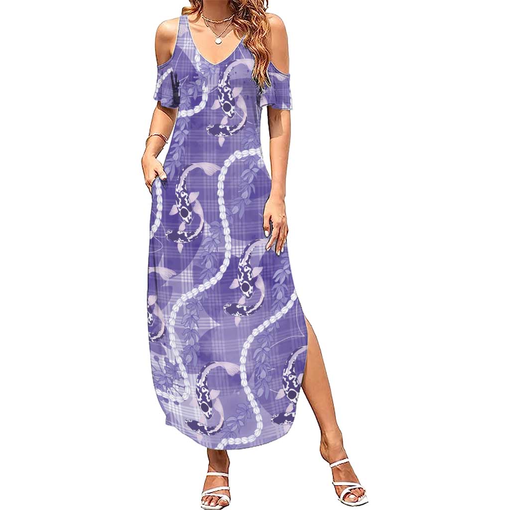 Japanese Koi Fish Summer Maxi Dress Purple Wagara Palaka Honohono Pikake Lei