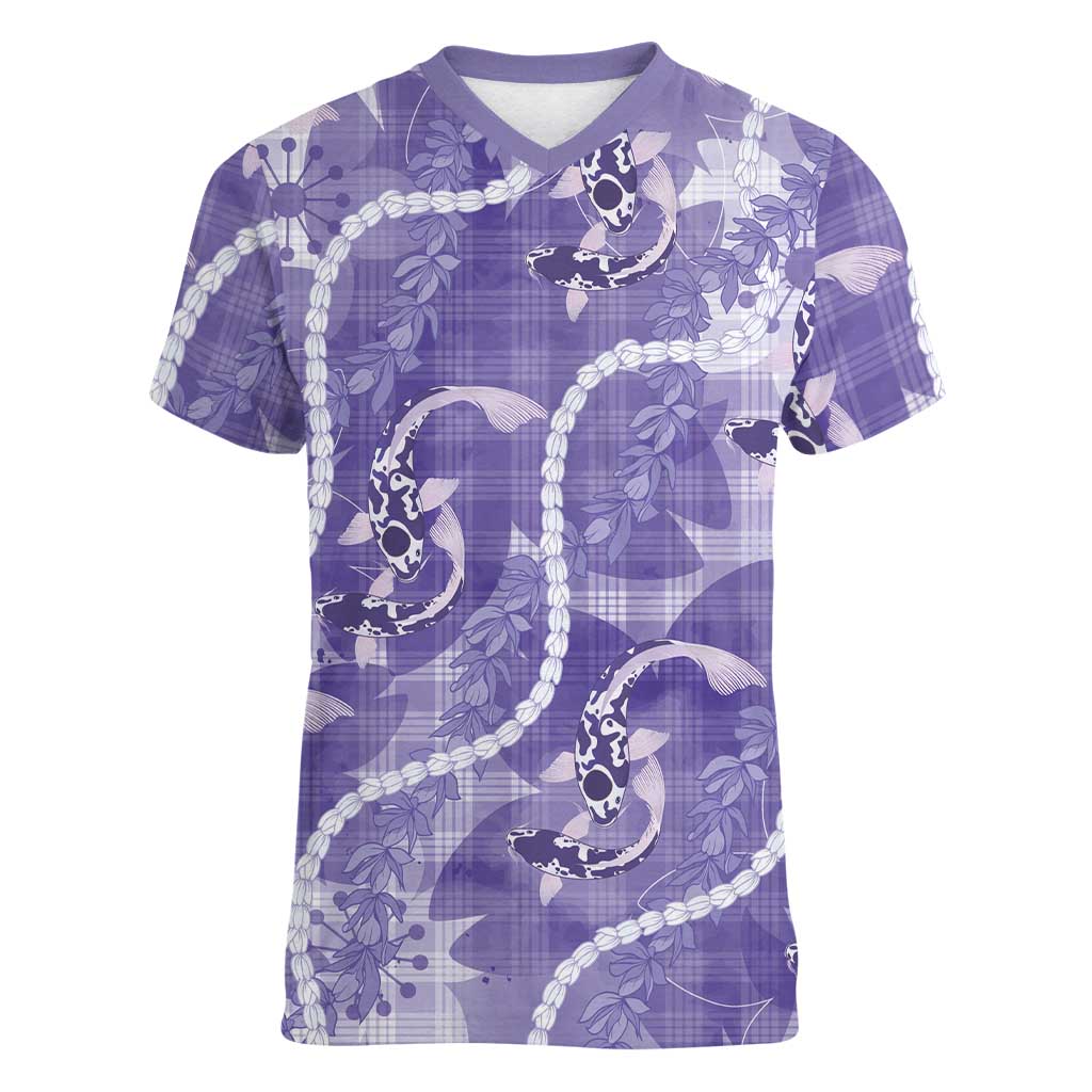Japanese Koi Fish Women V-Neck T-Shirt Purple Wagara Palaka Honohono Pikake Lei LT9 Female Purple - Polynesian Pride