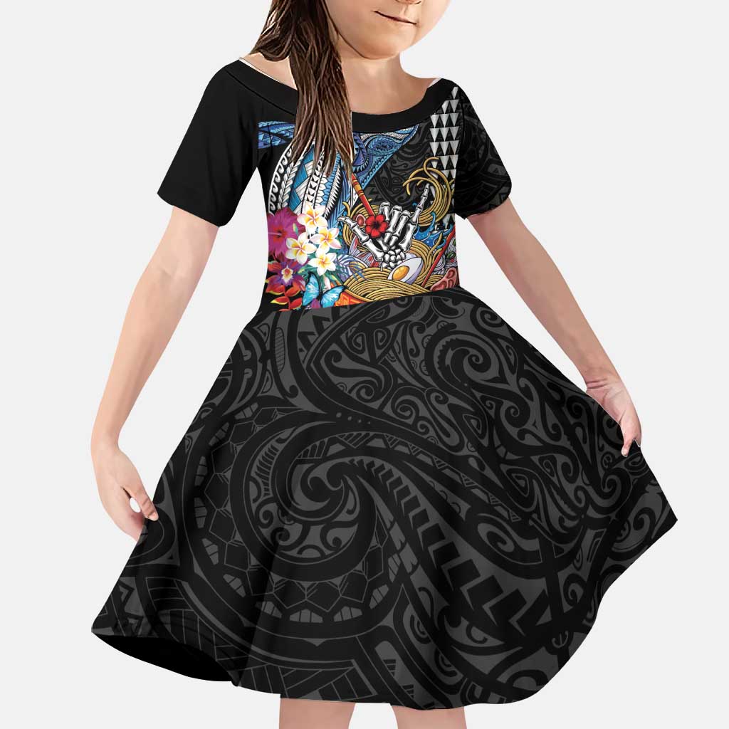 Personalized Japanese Koi Fish Ramen Family Matching Long Sleeve Bodycon Dress and Hawaiian Shirt Aloha Shark Kakau Pattern LT9 Daughter's Dress Black - Polynesian Pride