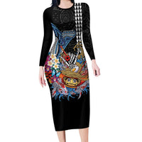 Personalized Japanese Koi Fish Ramen Family Matching Long Sleeve Bodycon Dress and Hawaiian Shirt Aloha Shark Kakau Pattern LT9 Mom's Dress Black - Polynesian Pride