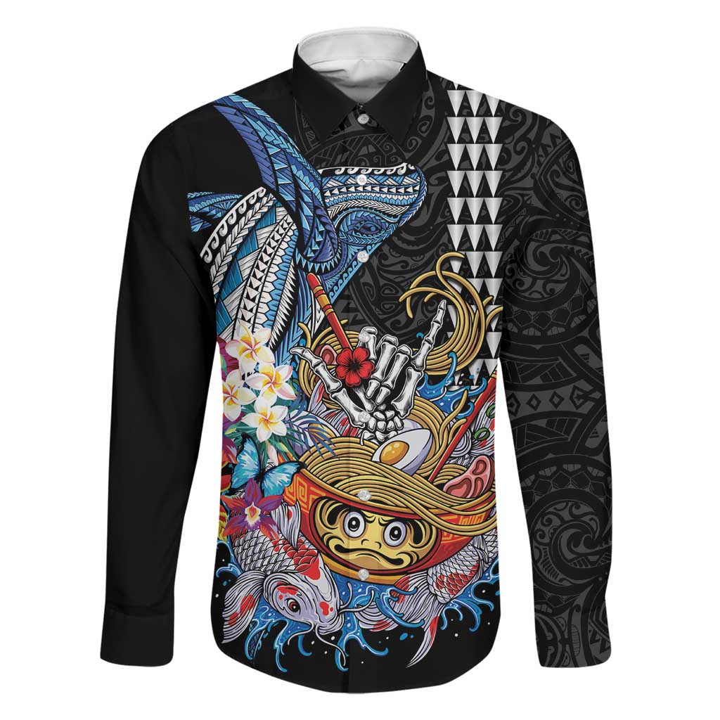 Personalized Japanese Koi Fish Ramen Family Matching Off The Shoulder Long Sleeve Dress and Hawaiian Shirt Aloha Shark Kakau Pattern LT9 Dad's Shirt - Long Sleeve Black - Polynesian Pride