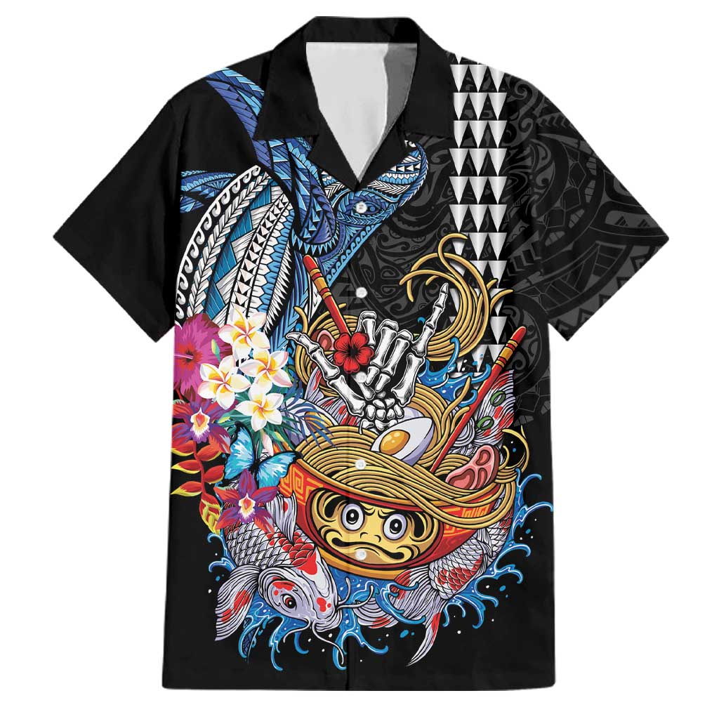 Personalized Japanese Koi Fish Ramen Family Matching Off Shoulder Short Dress and Hawaiian Shirt Aloha Shark Kakau Pattern