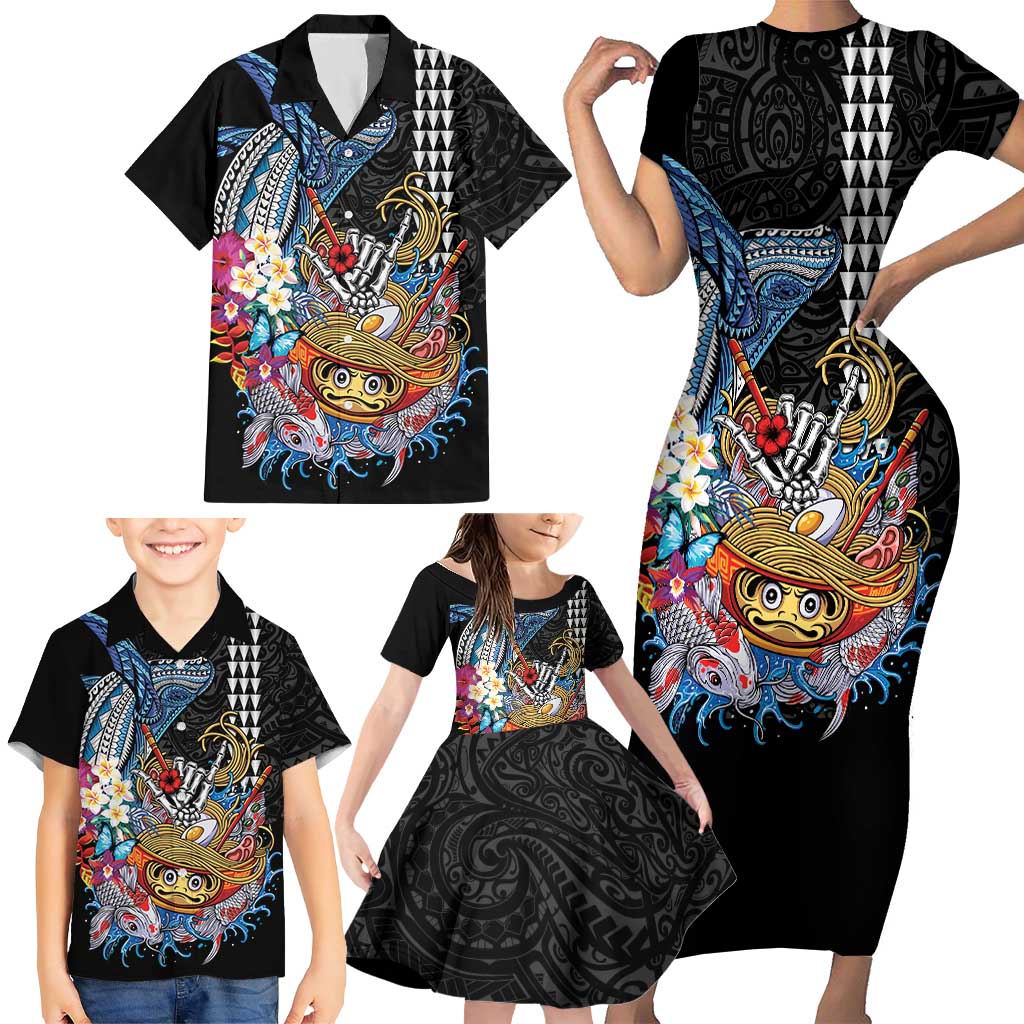 Personalized Japanese Koi Fish Ramen Family Matching Short Sleeve Bodycon Dress and Hawaiian Shirt Aloha Shark Kakau Pattern LT9 - Polynesian Pride
