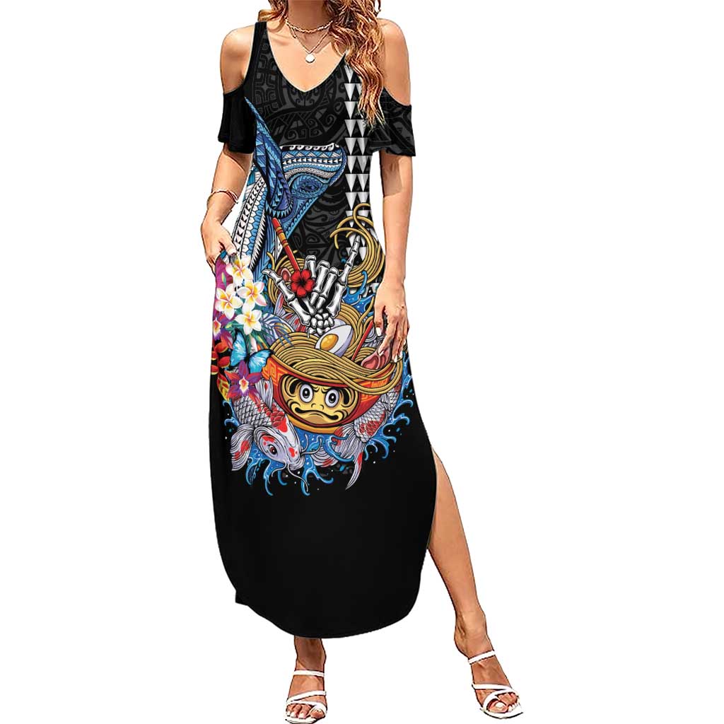 Personalized Japanese Koi Fish Ramen Family Matching Summer Maxi Dress and Hawaiian Shirt Aloha Shark Kakau Pattern