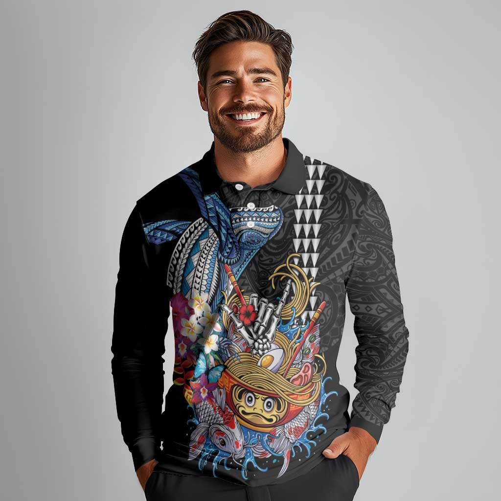 Personalized Japanese Koi Fish Ramen Long Sleeve Polo Shirt Aloha Shark Kakau Pattern