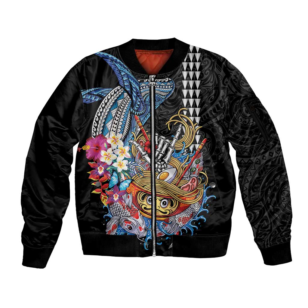 Personalized Japanese Koi Fish Ramen Sleeve Zip Bomber Jacket Aloha Shark Kakau Pattern