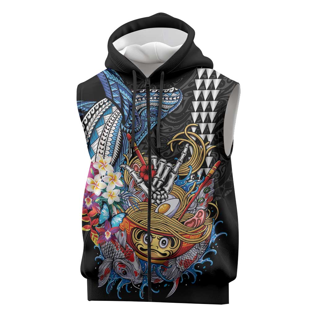 Personalized Japanese Koi Fish Ramen Sleeveless Zip Hoodie Aloha Shark Kakau Pattern