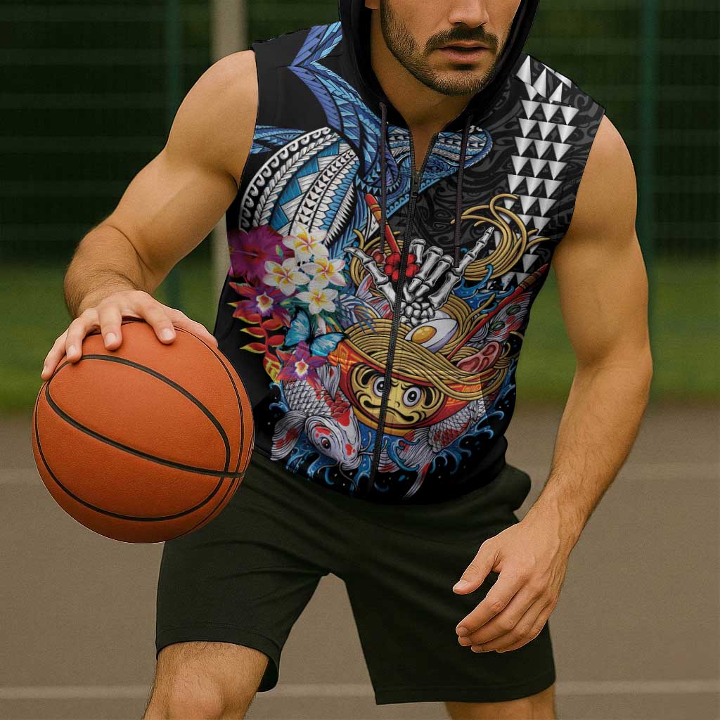 Personalized Japanese Koi Fish Ramen Sleeveless Zip Hoodie Aloha Shark Kakau Pattern