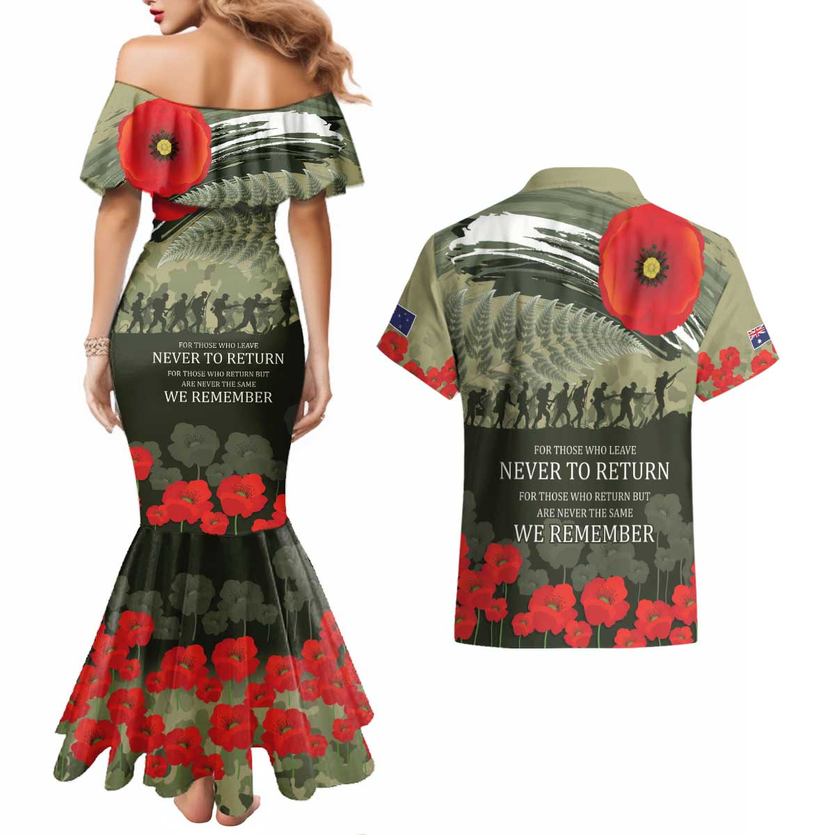ANZAC Day We Remember Couples Matching Mermaid Dress and Hawaiian Shirt Maori Silver Fern Camouflage Motif
