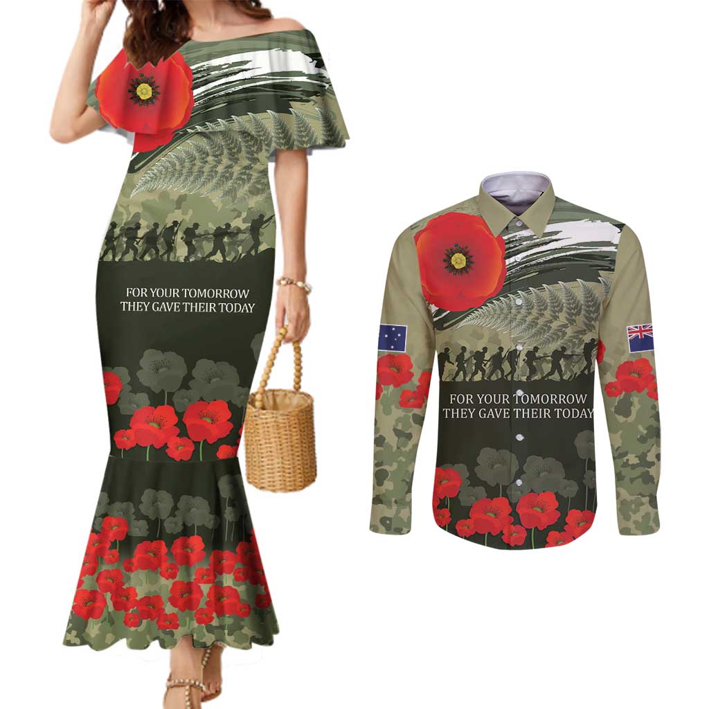 ANZAC Day We Remember Couples Matching Mermaid Dress and Long Sleeve Button Shirt Maori Silver Fern Camouflage Motif