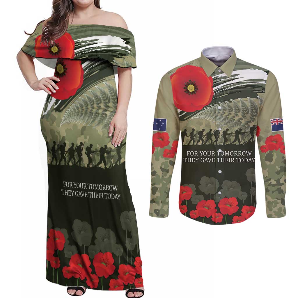 ANZAC Day We Remember Couples Matching Off Shoulder Maxi Dress and Long Sleeve Button Shirt Maori Silver Fern Camouflage Motif