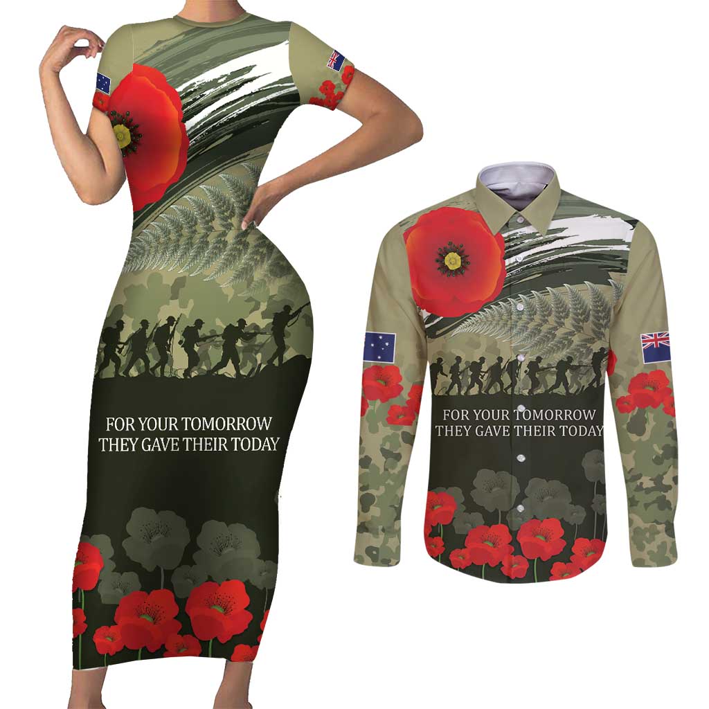 ANZAC Day We Remember Couples Matching Short Sleeve Bodycon Dress and Long Sleeve Button Shirt Maori Silver Fern Camouflage Motif