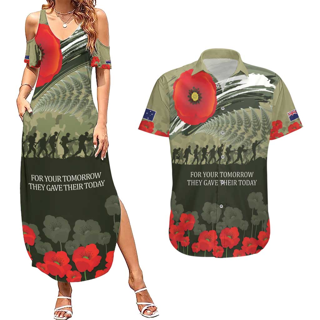 ANZAC Day We Remember Couples Matching Summer Maxi Dress and Hawaiian Shirt Maori Silver Fern Camouflage Motif