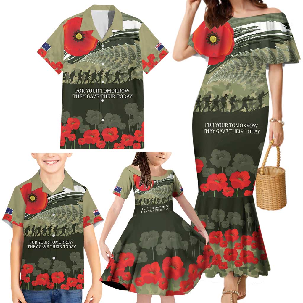 ANZAC Day We Remember Family Matching Mermaid Dress and Hawaiian Shirt Maori Silver Fern Camouflage Motif