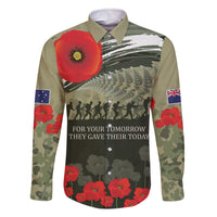 ANZAC Day We Remember Family Matching Off The Shoulder Long Sleeve Dress and Hawaiian Shirt Maori Silver Fern Camouflage Motif